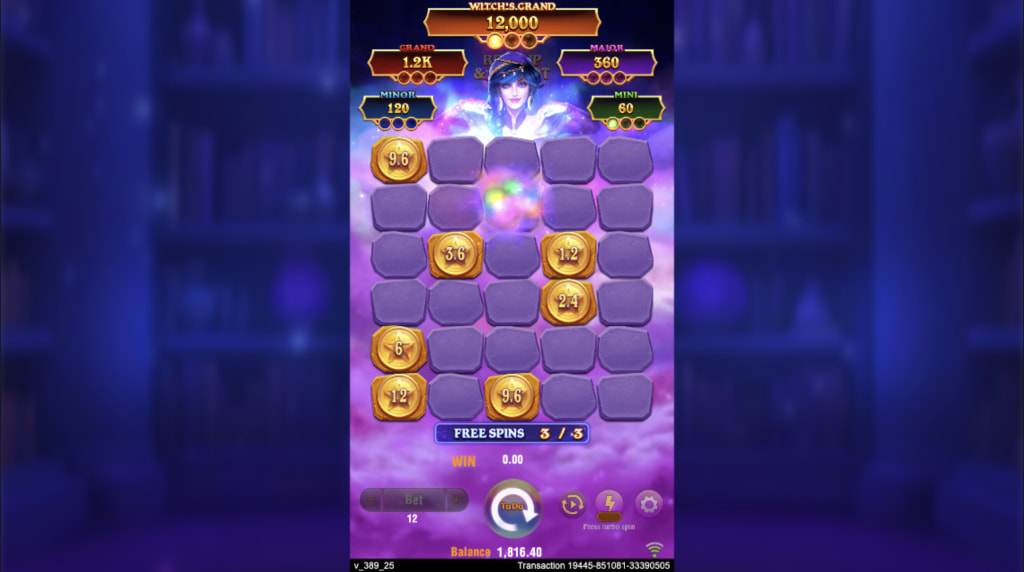 Screenshot of the Feature Name of Slot Name Skärmbild av bonusspelet Reel Up & Jackpot i 3 Witch’s Lamp