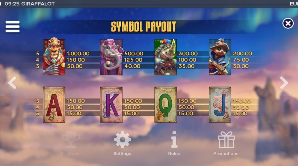 Screenshot from the Paytable of Giraffalot