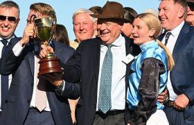 Tony G Celebrates the Success of Half Yours in the Caulfield Cup.