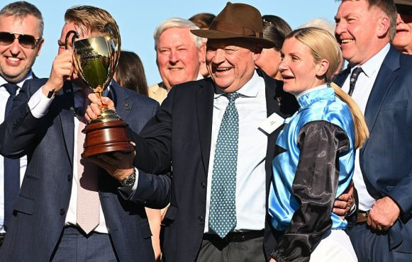 Tony G Celebrates the Success of Half Yours in the Caulfield Cup.