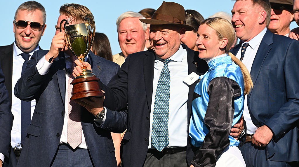Tony G Celebrates the Success of Half Yours in the Caulfield Cup.