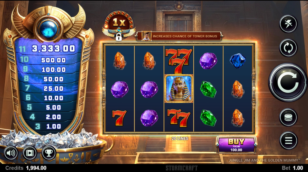 Screenshot from the New Jungle Jim and the Golden Mummy Slot by Stormcraft Studios