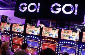 A Row of Slots at the Global Gaming in Las Vegas, Nevada.