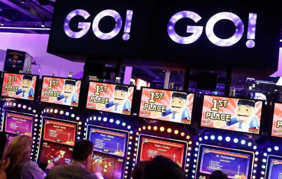 A Row of Slots at the Global Gaming in Las Vegas, Nevada.