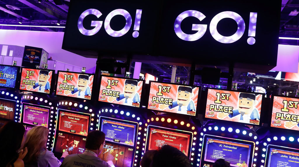 A Row of Slots at the Global Gaming in Las Vegas, Nevada.