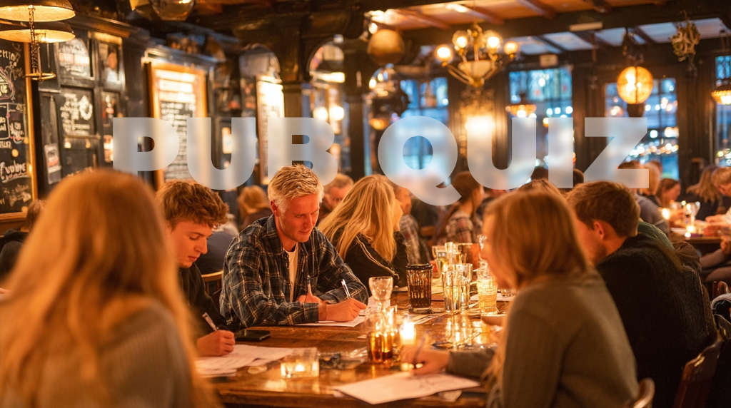 A team of young people writing answers during a pub quiz night