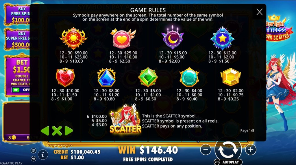 Screenshot from the paytable of Starlight Princess Super Scatter