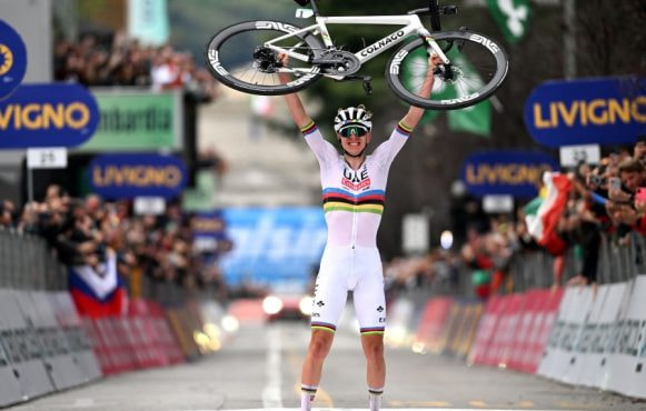 Tadej Pogacar Celebrates After Winning the 118th Il Lombardia.
