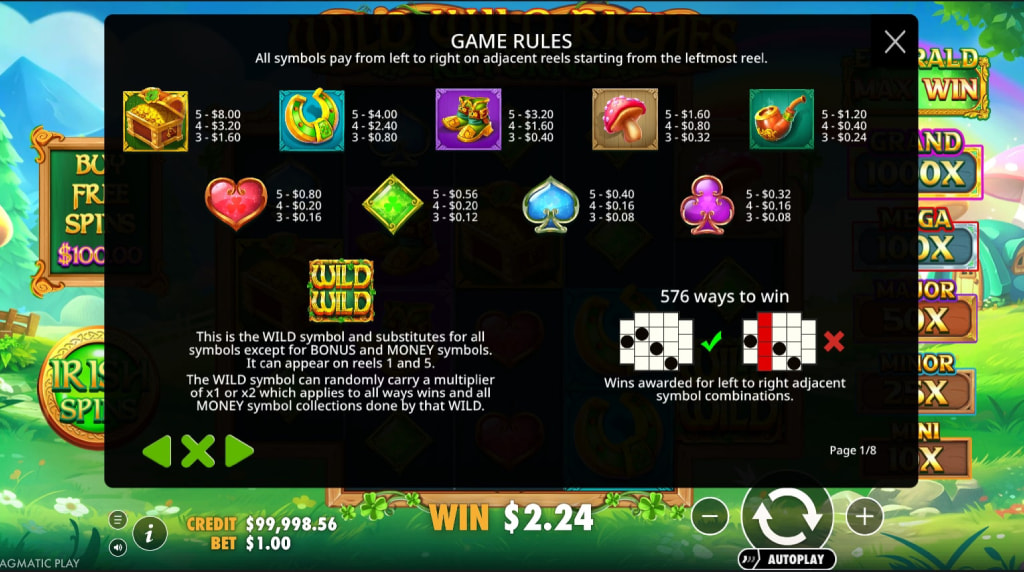 Screenshot from the Paytable of Wild Wild Riches Returns