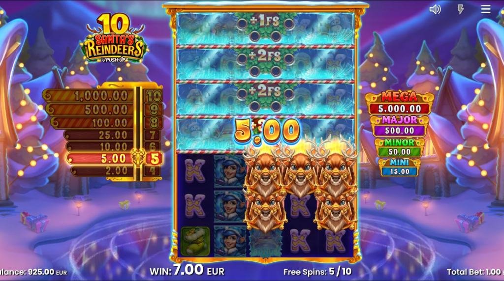 Screenshot from the Free Spins Round of 10 Santa's Reindeers
