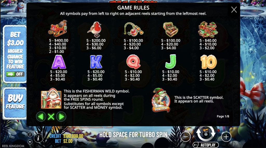 Skärmbild av vinsttabellen i Big Bass Christmas Frozen Lake