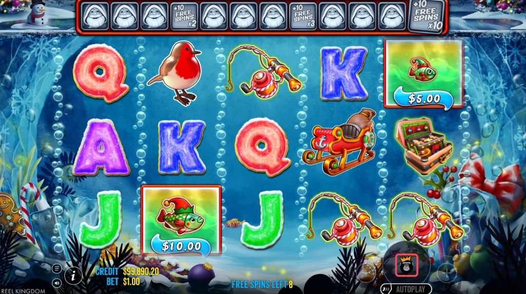 Screenshot from the Free Spins Round of Big Bass Christmas Frozen Lake