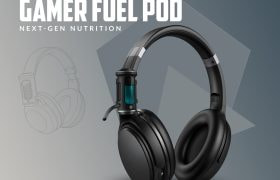 Black gaming headphones with built-in Gamer Fuel Pod containing glowing blue fluid under product branding.