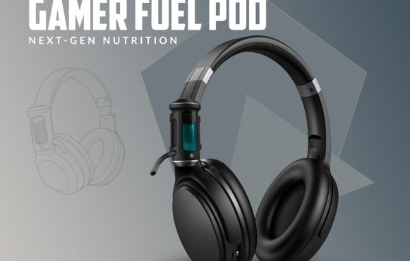 Black gaming headphones with built-in Gamer Fuel Pod containing glowing blue fluid under product branding.