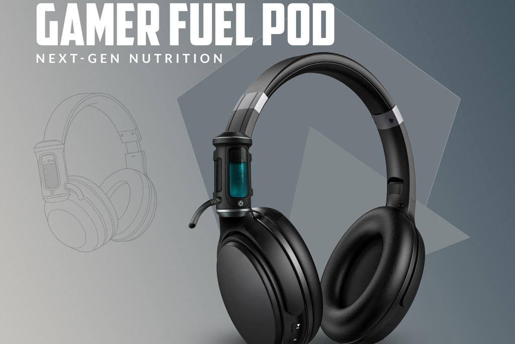 Black gaming headphones with built-in Gamer Fuel Pod containing glowing blue fluid under product branding.