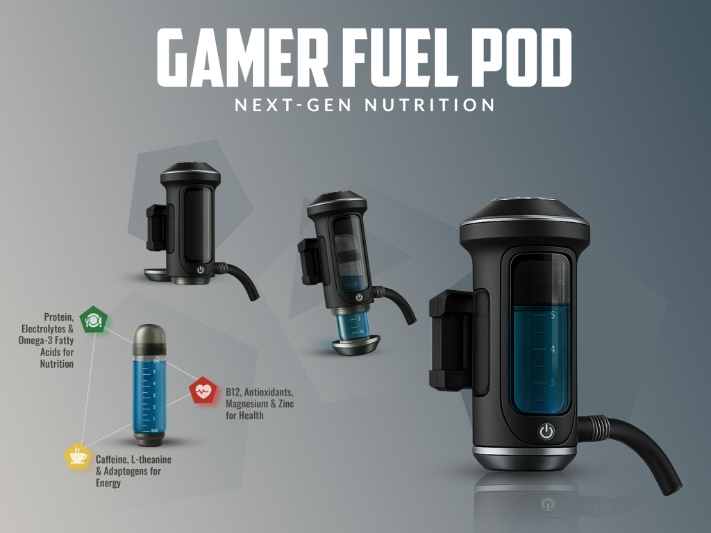 Gamer Fuel Pod shown from multiple angles with labelled nutrients like caffeine, protein, and electrolytes.