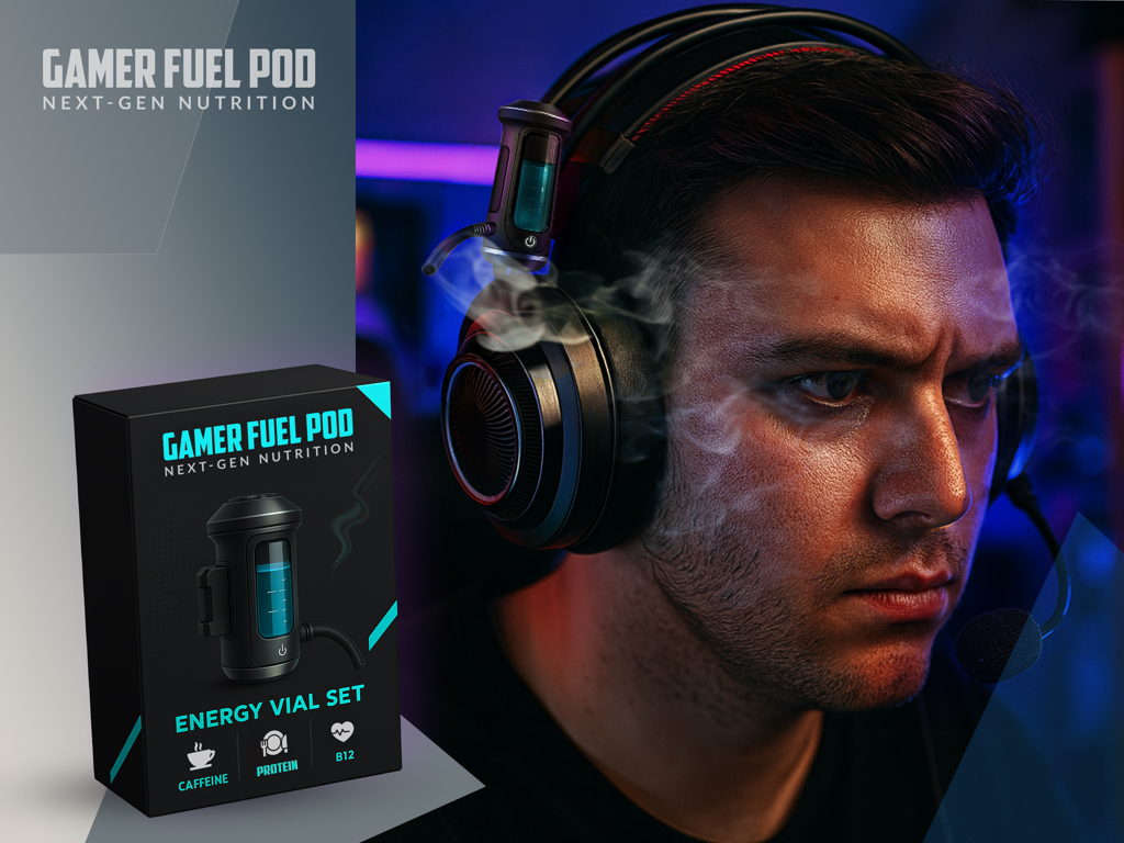 Focused gamer wearing headset with glowing energy pod and Gamer Fuel Pod Energy Vial Set packaging