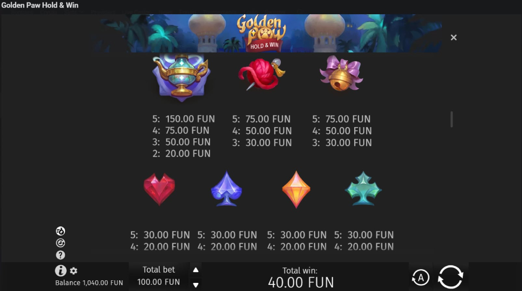 Screenshot from the Paytable of Golden Paw Hold & Win
