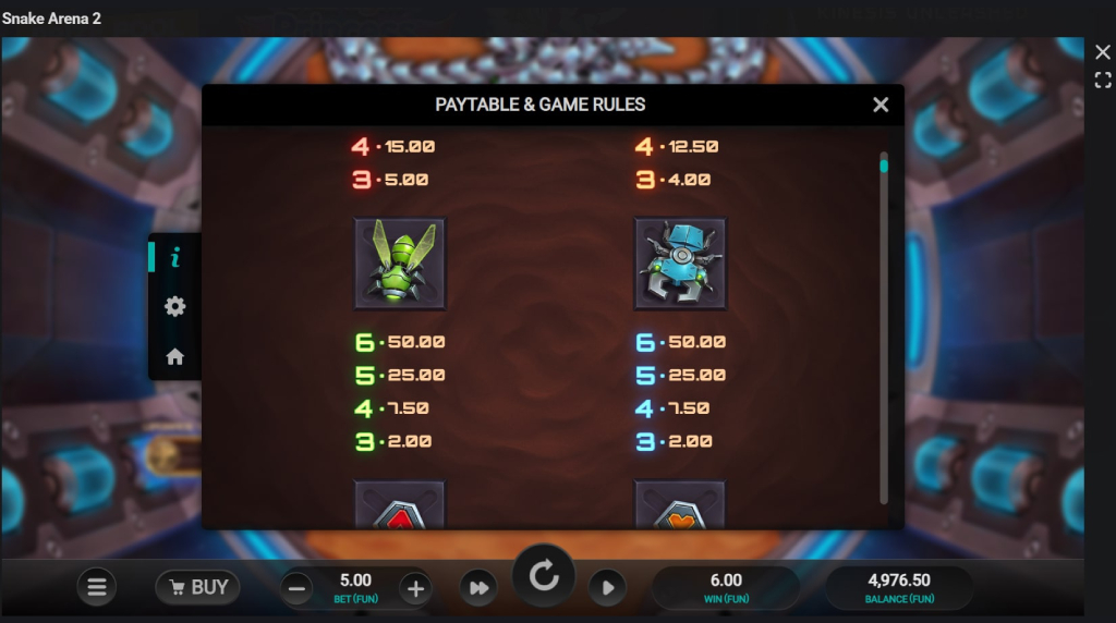 Screenshot from the Paytable of Snake Arena 2