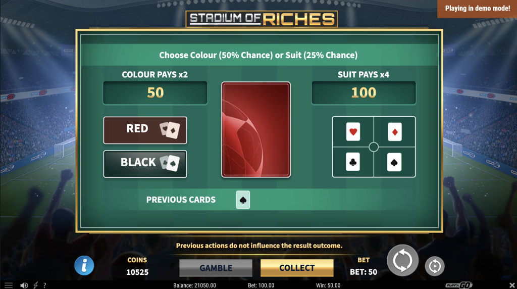 Skärmbild av gamble funktionen i Stadium of Riches