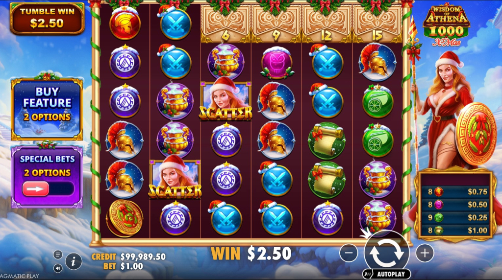 Screenshot from the New Wisdom of Athena 1000 Xmas Slot by Pragmatic Play