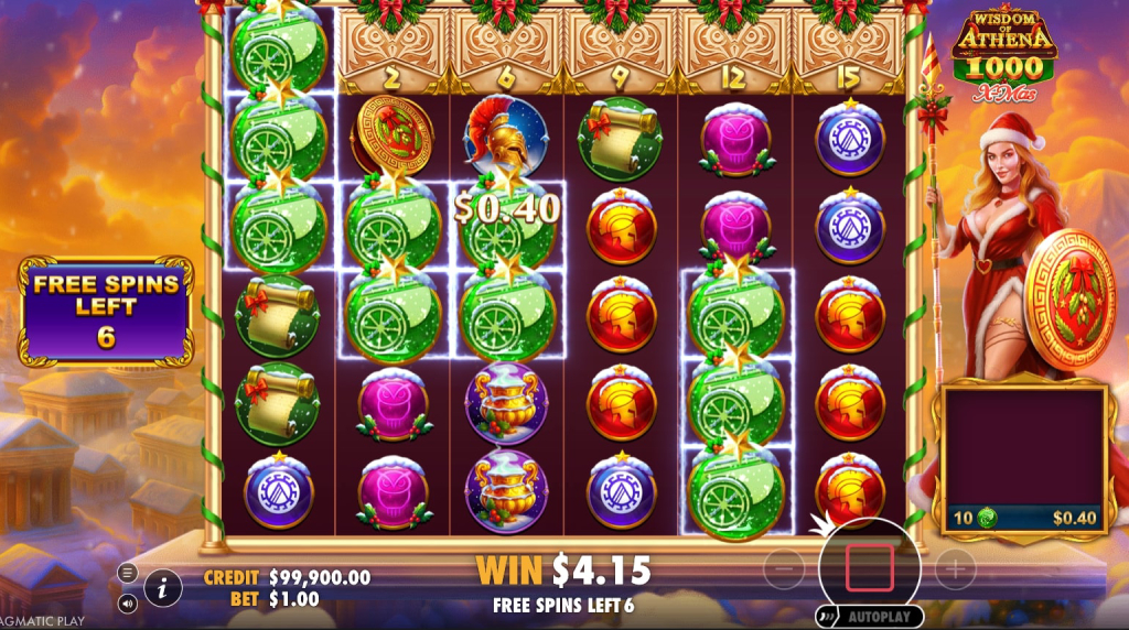 Screenshot from the Free Spins Round of Wisdom of Athena 1000 Xmas