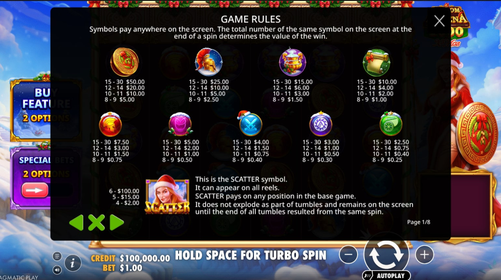 Screenshot from the Paytable of Wisdom of Athena 1000 Xmas