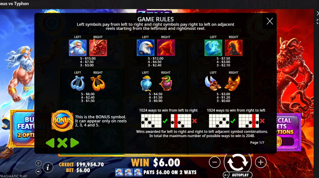 Screenshot from the Paytable of Zeus vs Typhon