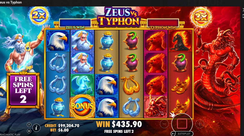 Screenshot from the free spins round of Zeus vs Typhon