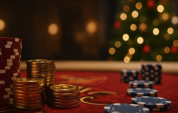 Casino Chips and Coins Placed on a Playing Table with a Christmas Tree in the Background
