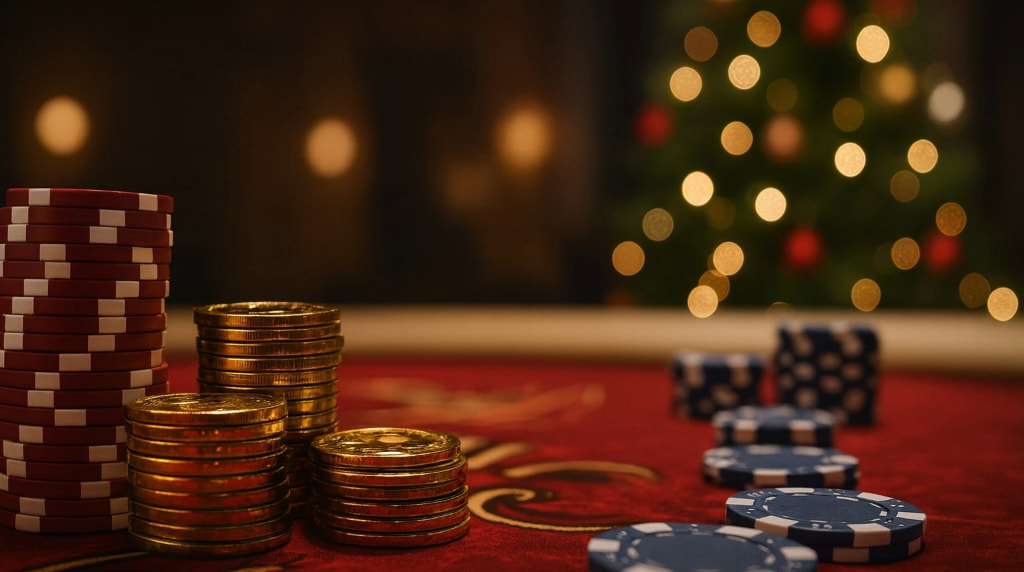 Casino Chips and Coins Placed on a Playing Table with a Christmas Tree in the Background