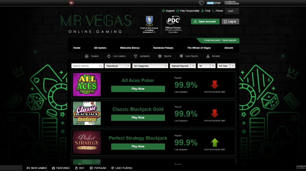 The Complete List of Games with Payout Rates at Mr Vegas Online Casino
