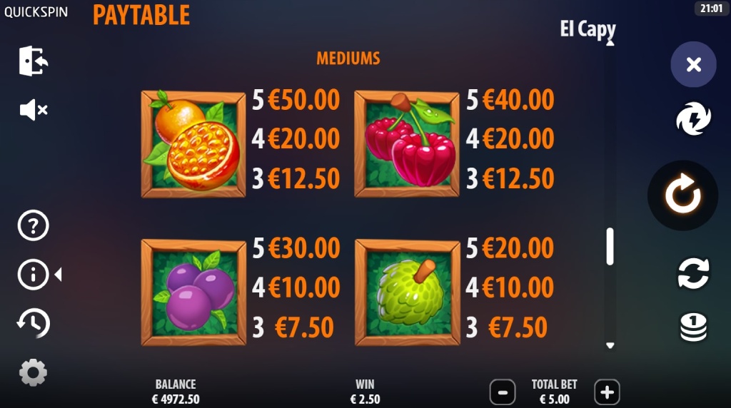 Screenshot from the Paytable of El Capy