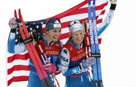Jessie Diggins and Julia Kern Celebrate Winning the Cross-Country Team Sprint silver at the 2025 Nordic World Ski Championships.