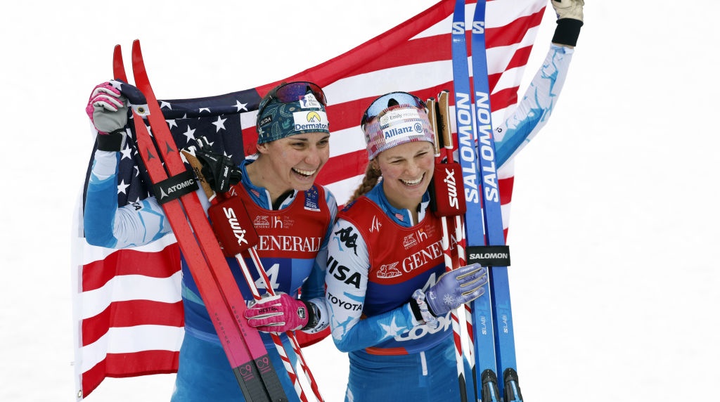 Jessie Diggins and Julia Kern Celebrate Winning the Cross-Country Team Sprint silver at the 2025 Nordic World Ski Championships.