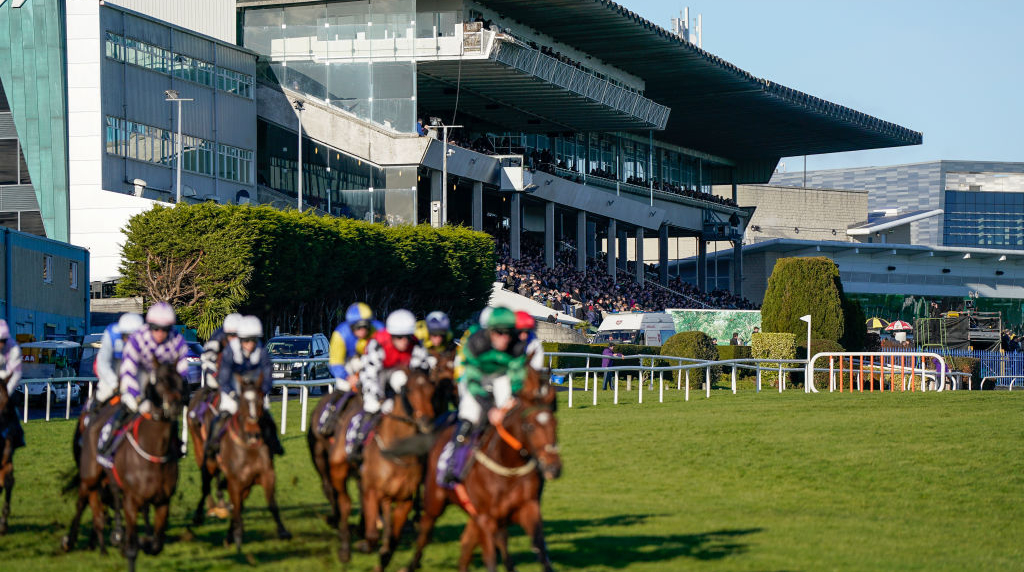 Horses thunder around Leopardstown watched by a huge crowd in the grandstand.