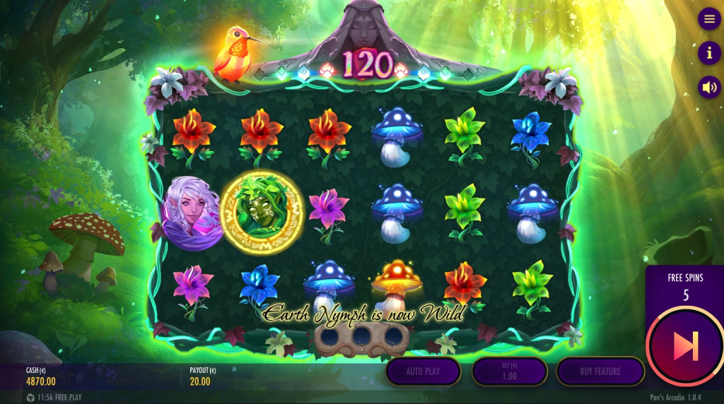 Screenshot from the Free Spins Round of Pan's Arcadia