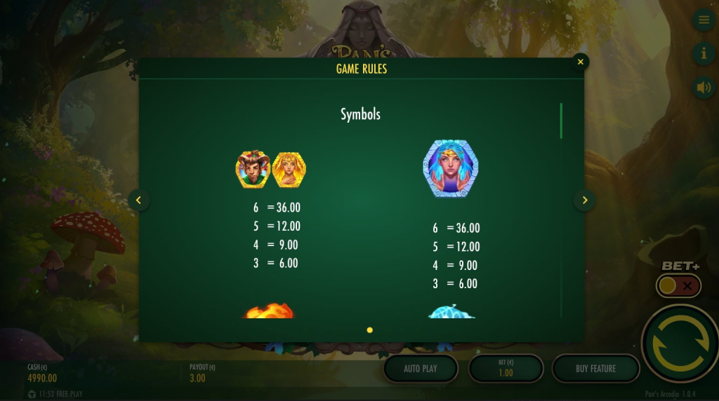 Screenshot from the Paytable of Pan's Arcadia