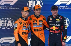 Oscar Piastri, Lando Norris and Max Verstappen pose for the cameras in Barcelona, Spain.