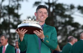 Rory McIlroy Poses with the Masters Trophy During the Green Jacket Ceremony