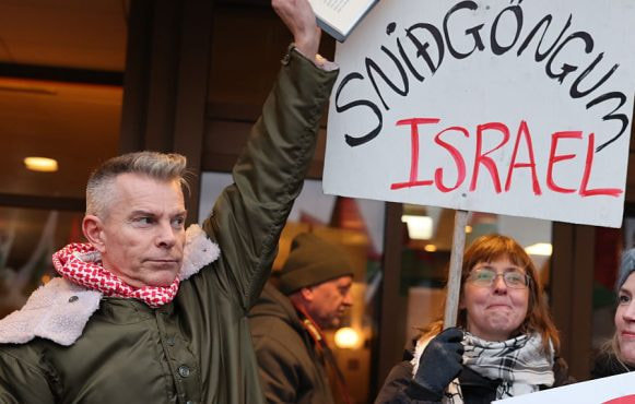 Pro-Palestine Protestors and Icelandic Singer Páll Óskar Demonstrating Outside the Offices of Iceland's State Broadcaster.