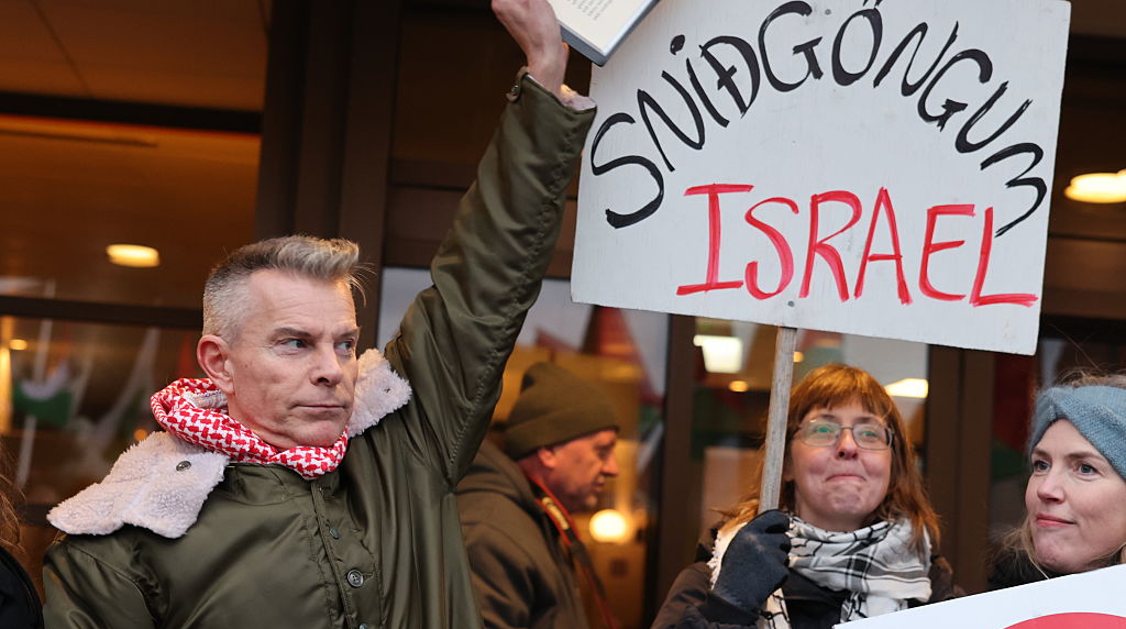 Pro-Palestine Protestors and Icelandic Singer Páll Óskar Demonstrating Outside the Offices of Iceland's State Broadcaster.
