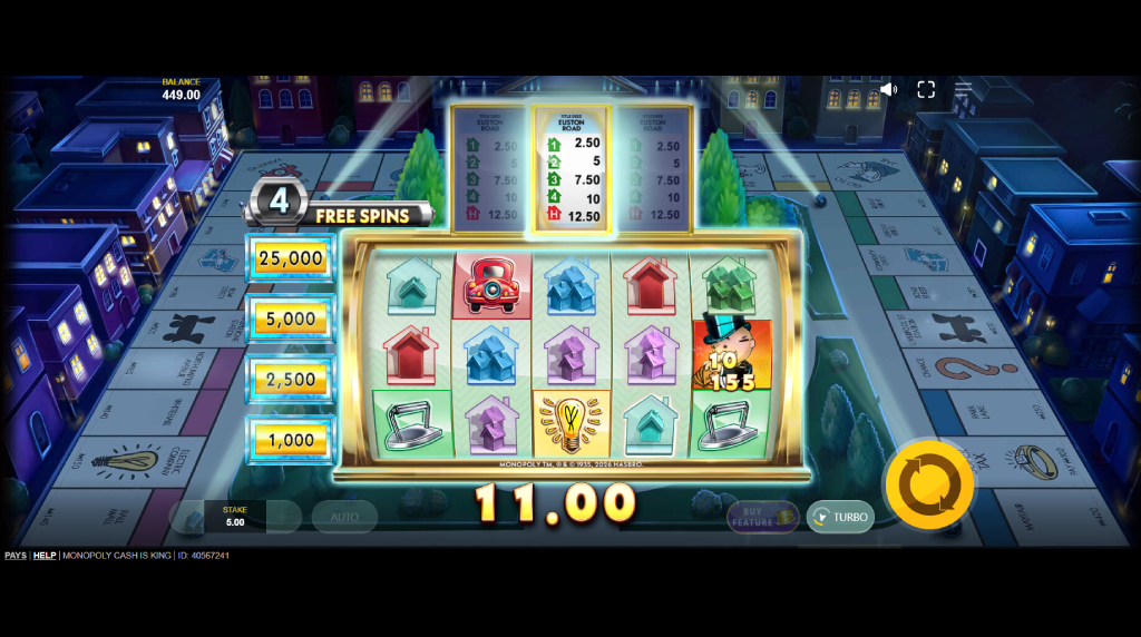 Screenshot from the free spins round of Monopoly Cash Is King