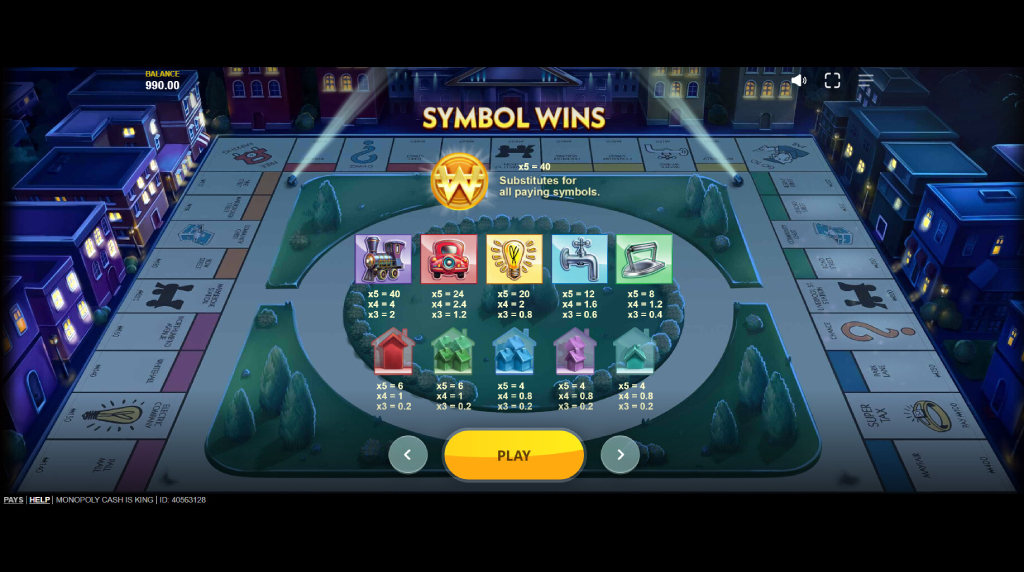 Screenshot from the Paytable of Monopoly Cash Is King