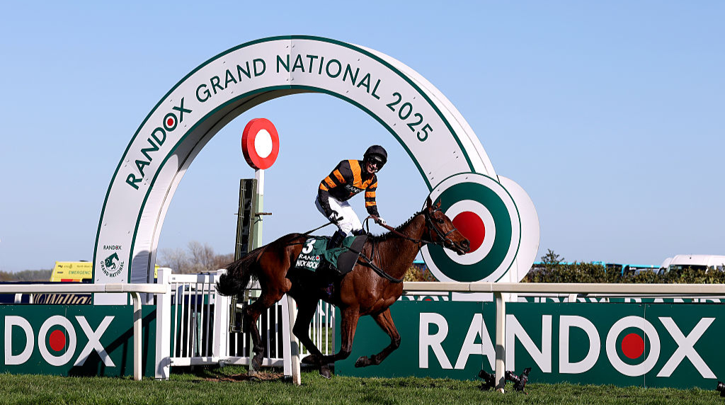 Patrick Mullins celebrates 2025 Grand National success aboard Nick Rockett.