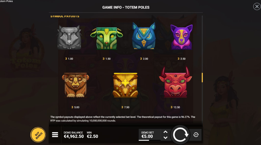Screenshot from the Paytable of Totem Poles