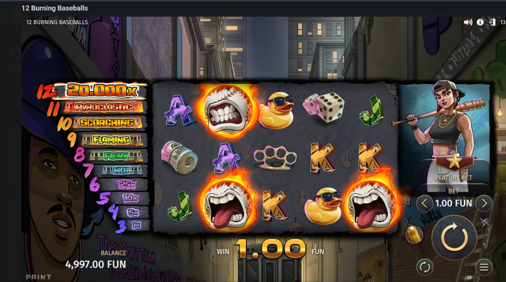 Screenshot from the New 12 Burning Baseballs Slot by Print Studios