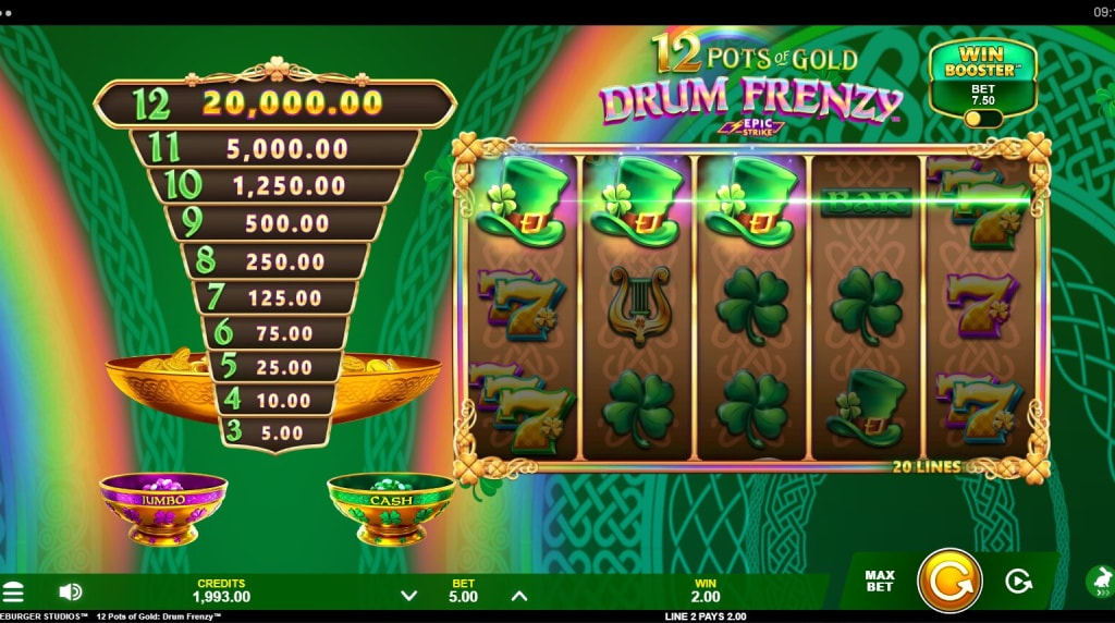Screenshot from the New 12 Pots of Gold Drum Frenzy Slot by Gameburger