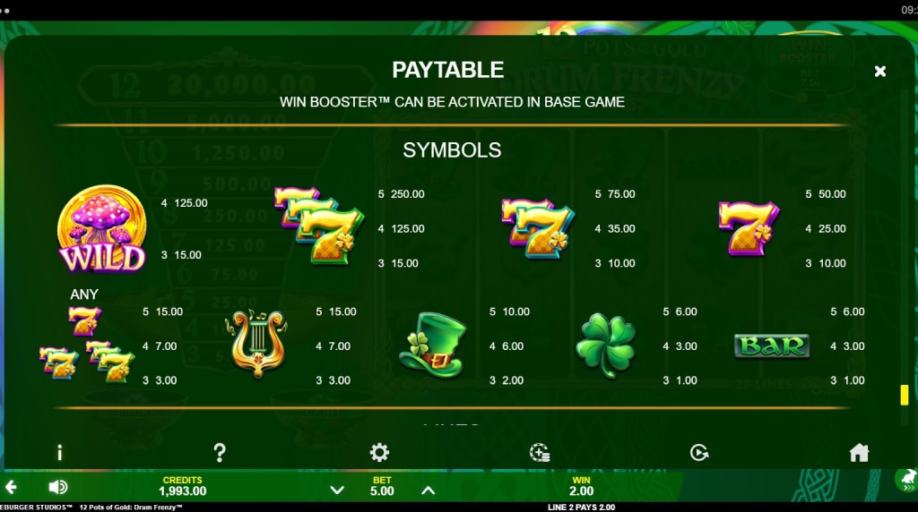 Screenshot from the Paytable of 12 Pots of Gold Drum Frenzy