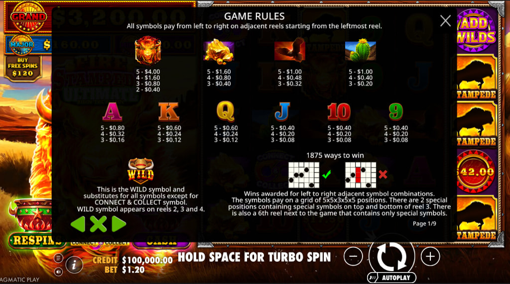 Screenshot from the Paytable of Fire Stampede Ultimate